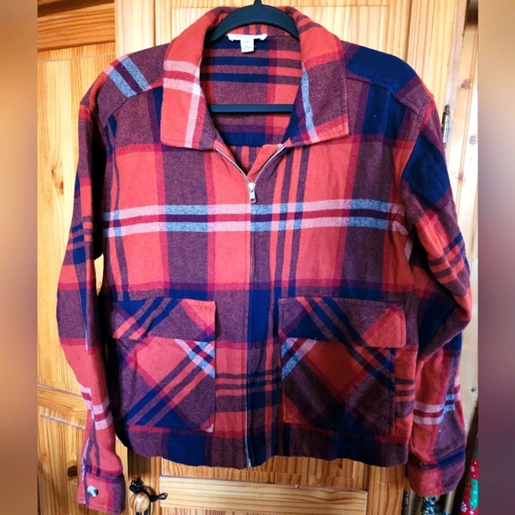 Plaid Zip-Up Jacket in Reddish Orange and Blue - Picture 1 of 8